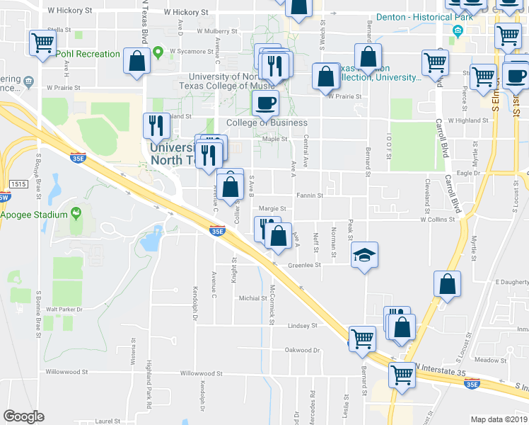 map of restaurants, bars, coffee shops, grocery stores, and more near 1118 McCormick Street in Denton