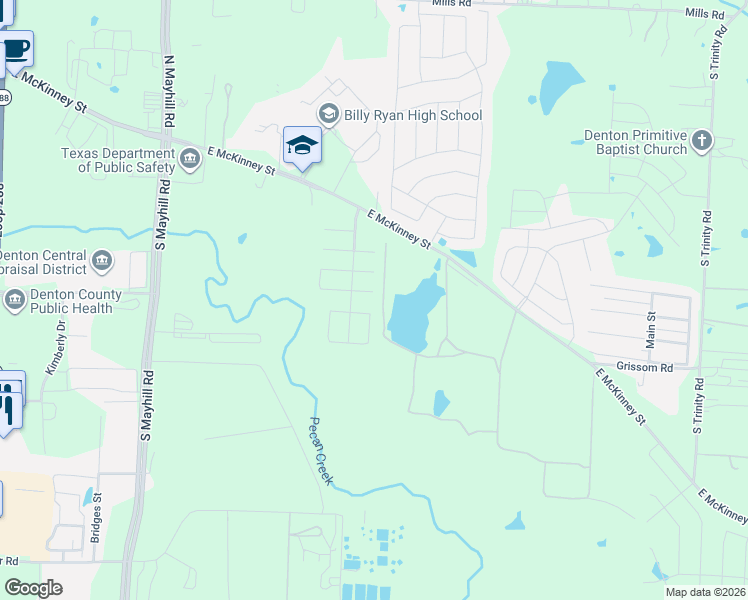 map of restaurants, bars, coffee shops, grocery stores, and more near 5250 East McKinney Street in Denton