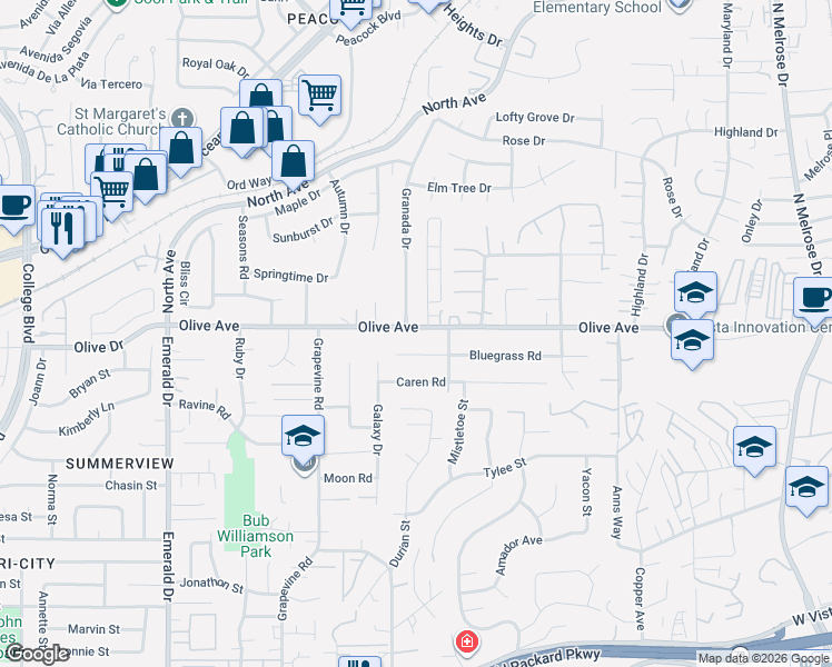 map of restaurants, bars, coffee shops, grocery stores, and more near 1338 Olive Avenue in Vista