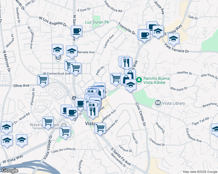 map of restaurants, bars, coffee shops, grocery stores, and more near 140 Stadden Way in Vista