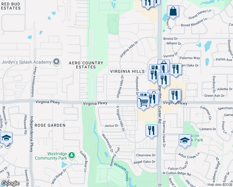 map of restaurants, bars, coffee shops, grocery stores, and more near 9317 Chesapeake Lane in McKinney
