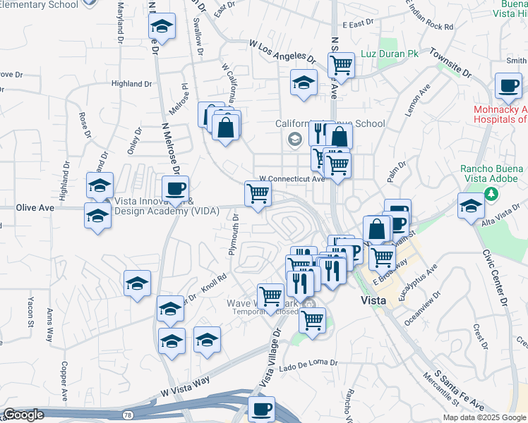 map of restaurants, bars, coffee shops, grocery stores, and more near 200 Olive Avenue in Vista