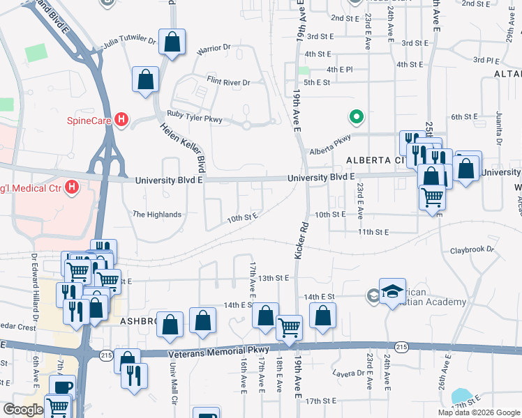 map of restaurants, bars, coffee shops, grocery stores, and more near 1722 10th Street East in Tuscaloosa