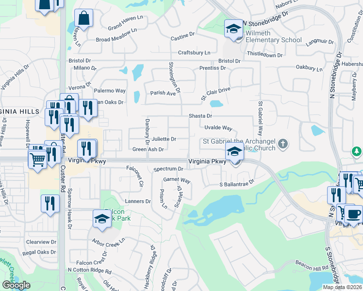 map of restaurants, bars, coffee shops, grocery stores, and more near 8008 Raven Court in McKinney