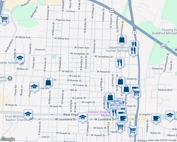 map of restaurants, bars, coffee shops, grocery stores, and more near 801 North College Street in McKinney