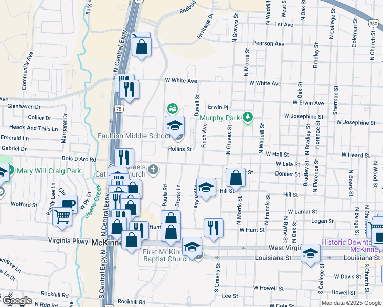 map of restaurants, bars, coffee shops, grocery stores, and more near 801 Finch Avenue in McKinney