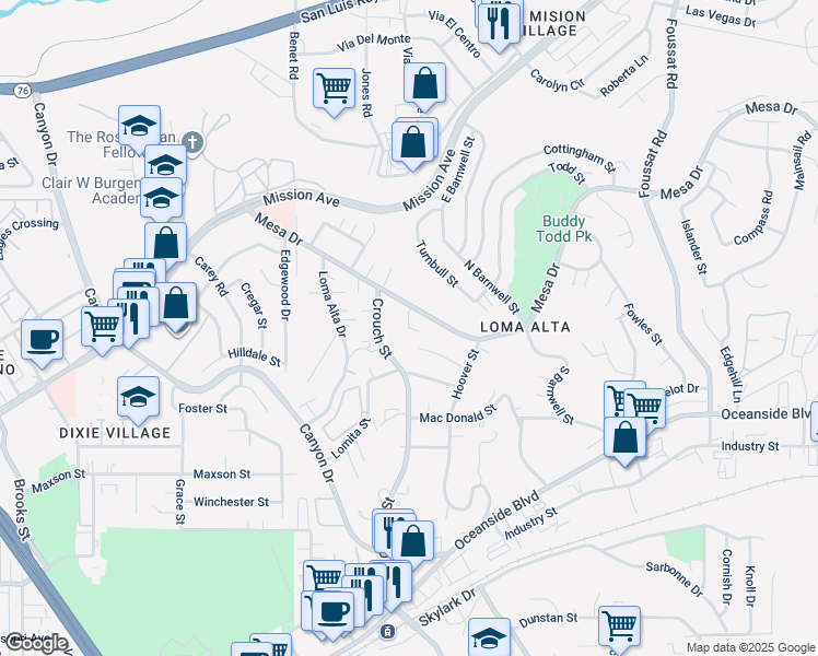 map of restaurants, bars, coffee shops, grocery stores, and more near 216 Pajama Drive in Oceanside