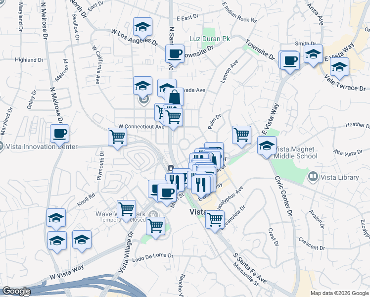 map of restaurants, bars, coffee shops, grocery stores, and more near 218 Washington Street in Vista