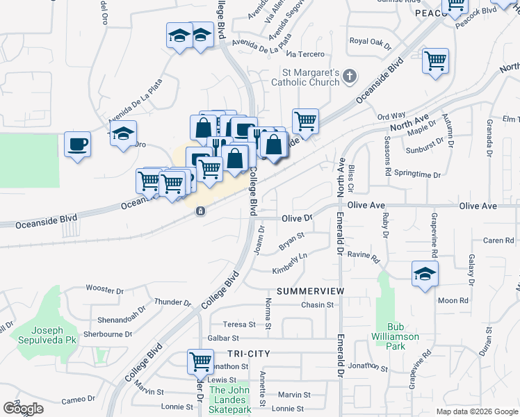map of restaurants, bars, coffee shops, grocery stores, and more near 2553 Joann Drive in Oceanside