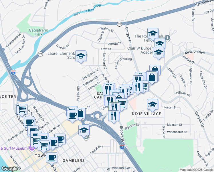map of restaurants, bars, coffee shops, grocery stores, and more near 1503 East Puls Street in Oceanside