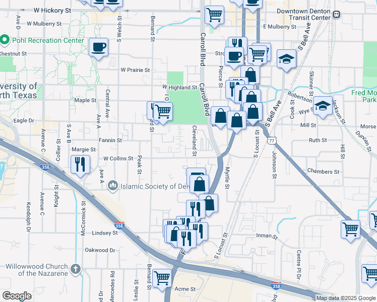 map of restaurants, bars, coffee shops, grocery stores, and more near in Denton