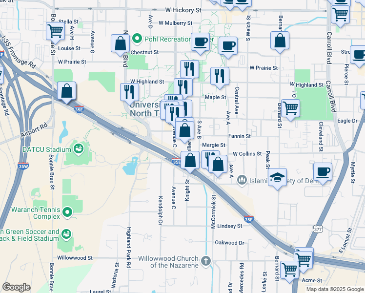 map of restaurants, bars, coffee shops, grocery stores, and more near 1121 Avenue C in Denton
