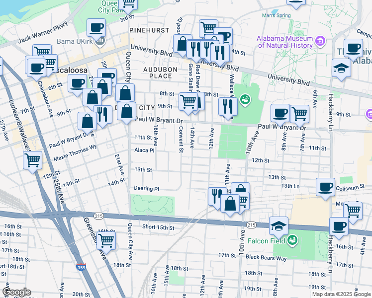 map of restaurants, bars, coffee shops, grocery stores, and more near 1108 14th Avenue in Tuscaloosa