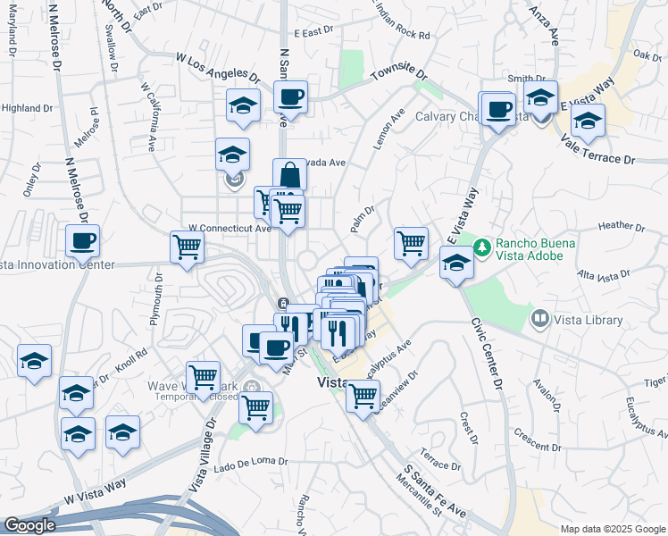 map of restaurants, bars, coffee shops, grocery stores, and more near 238 Washington Street in Vista