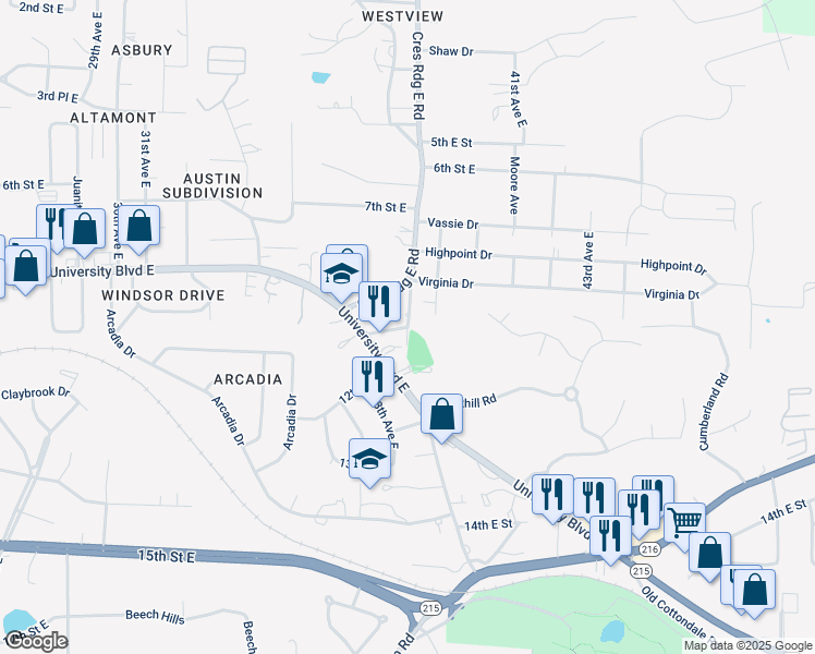 map of restaurants, bars, coffee shops, grocery stores, and more near 10 Wiley Drive in Tuscaloosa