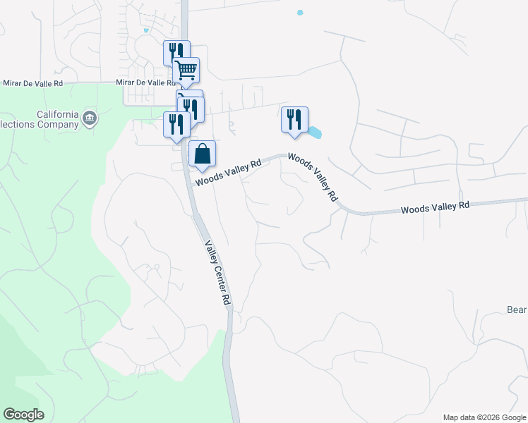 map of restaurants, bars, coffee shops, grocery stores, and more near 27229 Oakmont Road in Valley Center