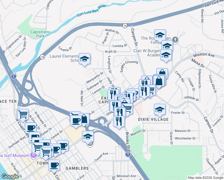 map of restaurants, bars, coffee shops, grocery stores, and more near 1503 East Puls Street in Oceanside