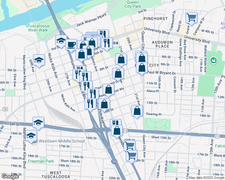 map of restaurants, bars, coffee shops, grocery stores, and more near 1101 Greensboro Ave in Tuscaloosa