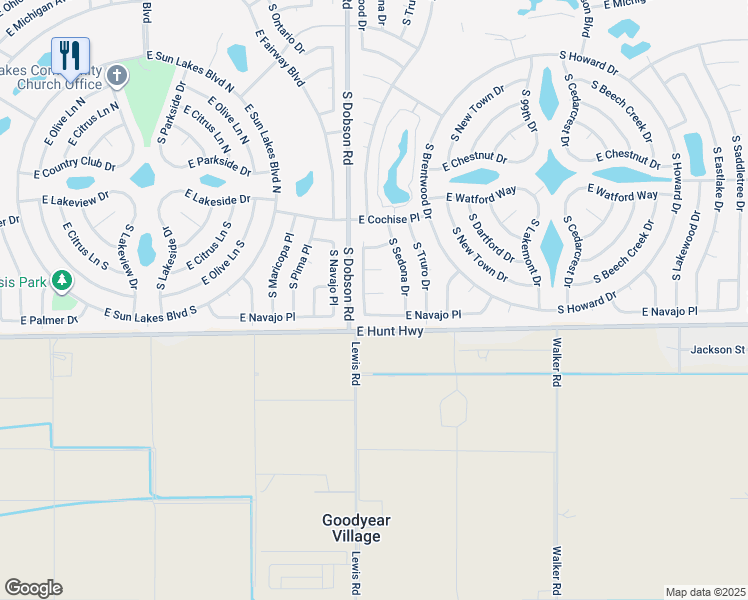map of restaurants, bars, coffee shops, grocery stores, and more near 9613 East Glenside Court in Sun Lakes