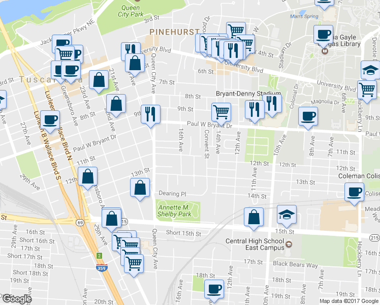 map of restaurants, bars, coffee shops, grocery stores, and more near 1012 15th Court in Tuscaloosa