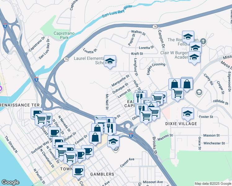 map of restaurants, bars, coffee shops, grocery stores, and more near 816 Santa Barbara Street in Oceanside