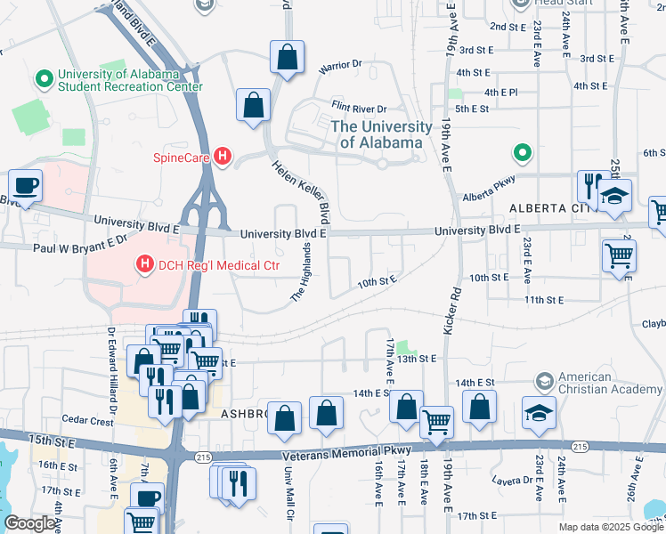 map of restaurants, bars, coffee shops, grocery stores, and more near 33 14th Avenue East in Tuscaloosa