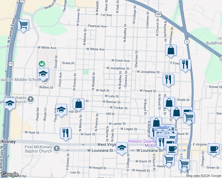 map of restaurants, bars, coffee shops, grocery stores, and more near 1200 West Lela Street in McKinney