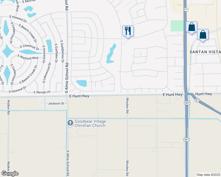 map of restaurants, bars, coffee shops, grocery stores, and more near 10722 East Navajo Place in Sun Lakes