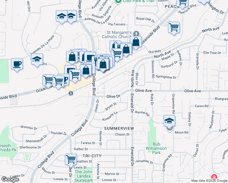 map of restaurants, bars, coffee shops, grocery stores, and more near 4177 Olive Avenue in Oceanside