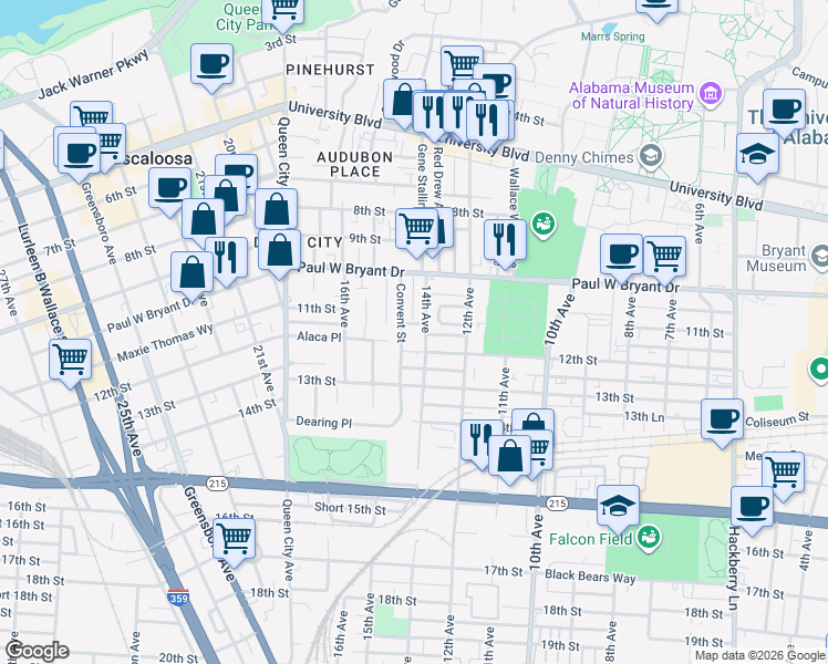 map of restaurants, bars, coffee shops, grocery stores, and more near 1196 14th Avenue in Tuscaloosa
