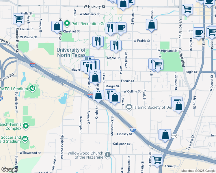 map of restaurants, bars, coffee shops, grocery stores, and more near 1118 McCormick Street in Denton