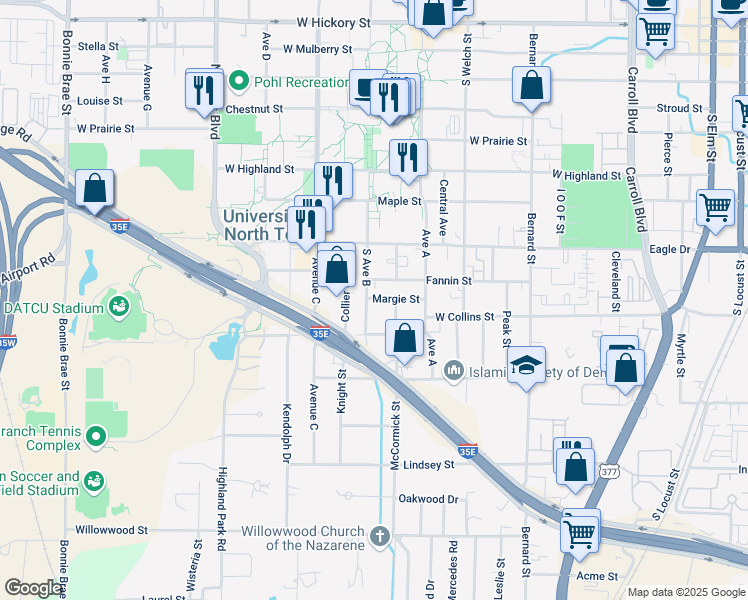 map of restaurants, bars, coffee shops, grocery stores, and more near 1114 South Avenue B in Denton