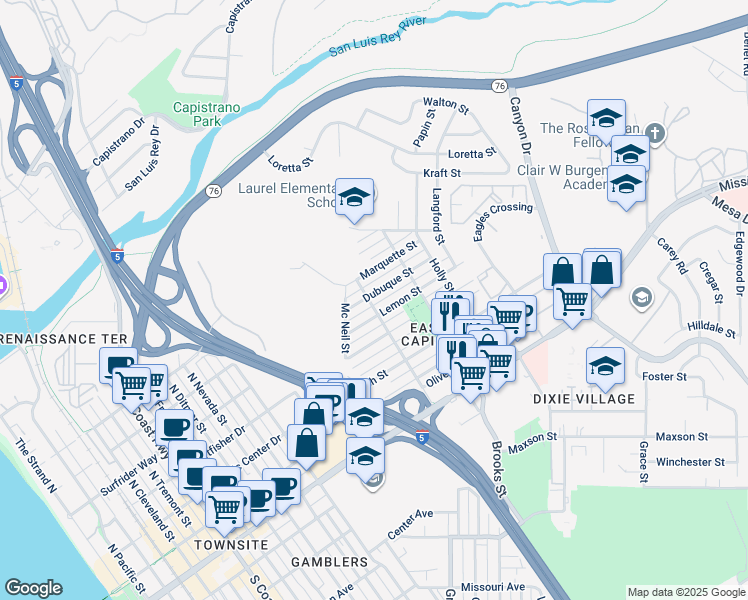 map of restaurants, bars, coffee shops, grocery stores, and more near 816 Santa Barbara Street in Oceanside