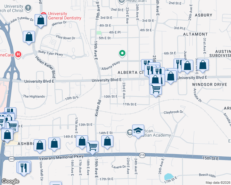 map of restaurants, bars, coffee shops, grocery stores, and more near 1010 22nd Avenue East in Tuscaloosa