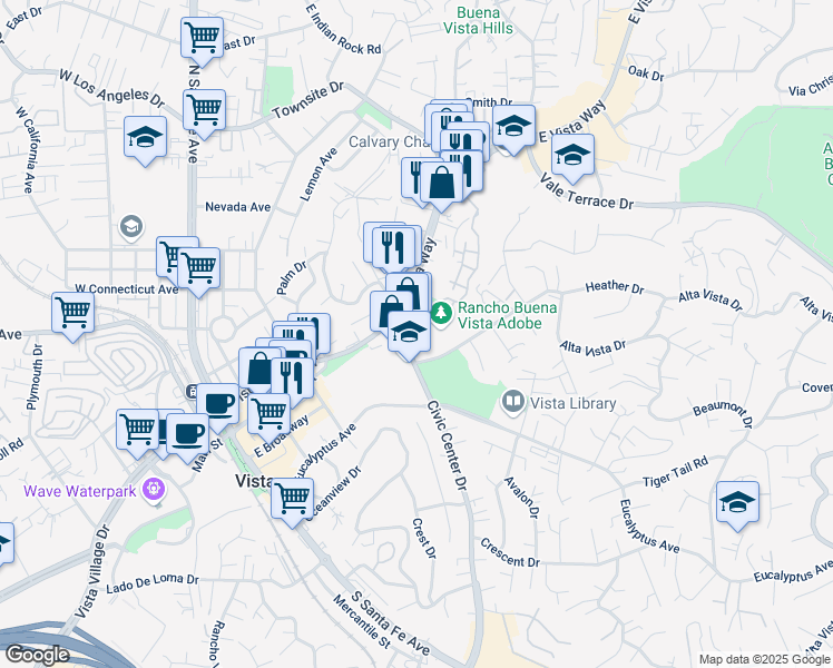 map of restaurants, bars, coffee shops, grocery stores, and more near 110 Civic Center Drive in Vista