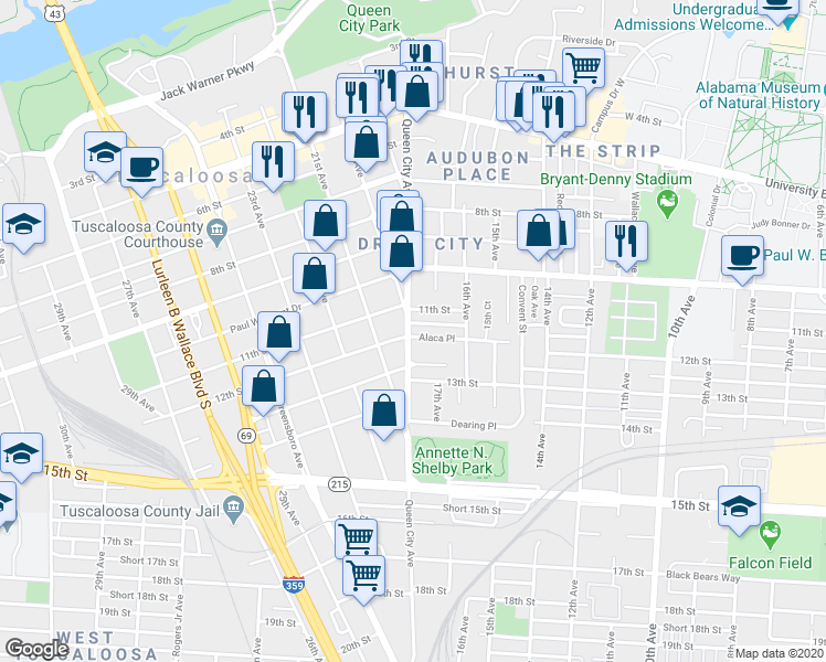 map of restaurants, bars, coffee shops, grocery stores, and more near 1646 Alaca Place in Tuscaloosa