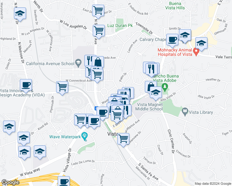 map of restaurants, bars, coffee shops, grocery stores, and more near 310 Washington Street in Vista