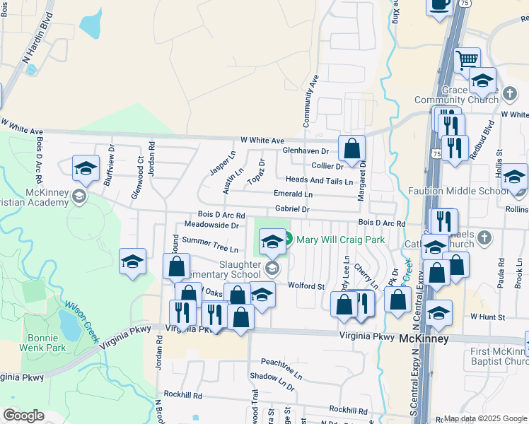 map of restaurants, bars, coffee shops, grocery stores, and more near 2701 Gabriel Drive in McKinney