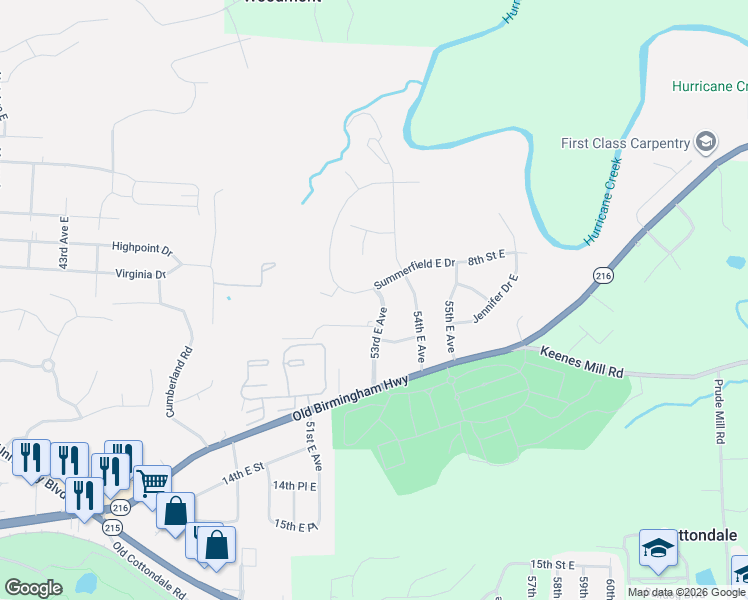 map of restaurants, bars, coffee shops, grocery stores, and more near 5310 Summerfield Drive East in Tuscaloosa