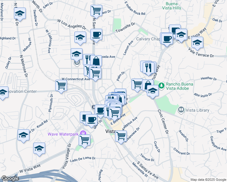 map of restaurants, bars, coffee shops, grocery stores, and more near 333 North Citrus Avenue in Vista