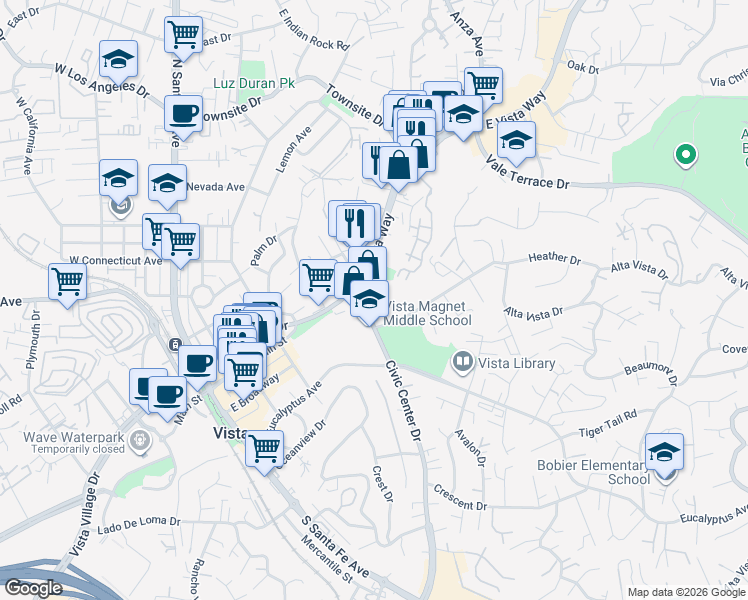 map of restaurants, bars, coffee shops, grocery stores, and more near 584 East Vista Way in Vista