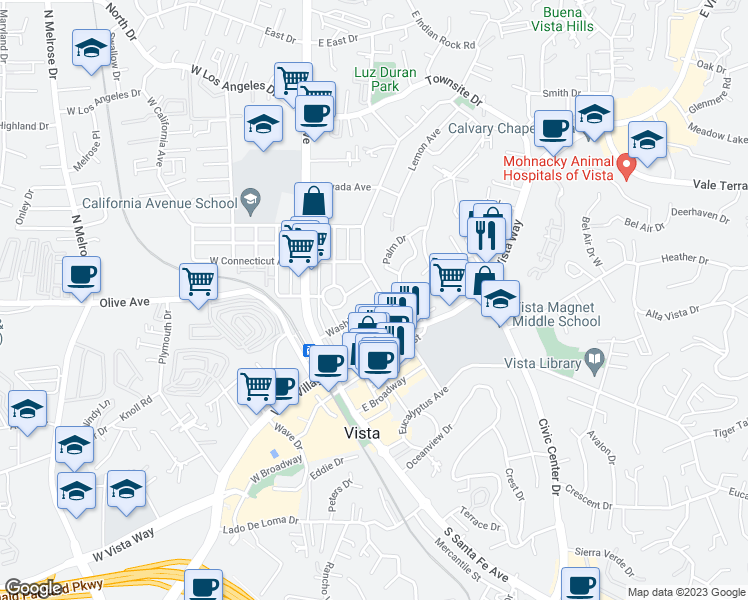 map of restaurants, bars, coffee shops, grocery stores, and more near 314 Washington Street in Vista
