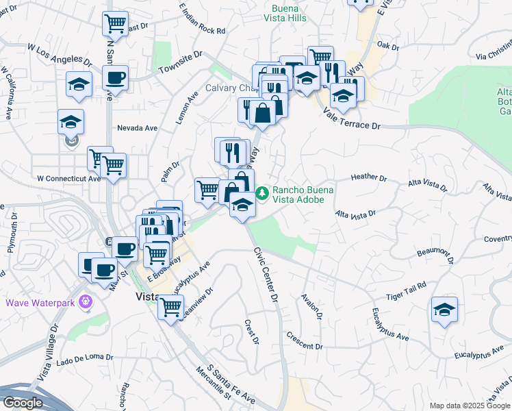 map of restaurants, bars, coffee shops, grocery stores, and more near 640 Alta Vista Drive in Vista