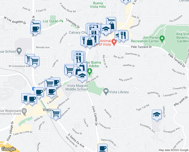 map of restaurants, bars, coffee shops, grocery stores, and more near 720 Alta Vista Drive in Vista