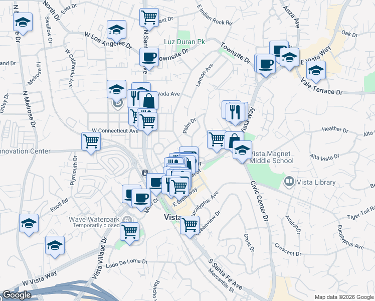 map of restaurants, bars, coffee shops, grocery stores, and more near 333 North Citrus Avenue in Vista