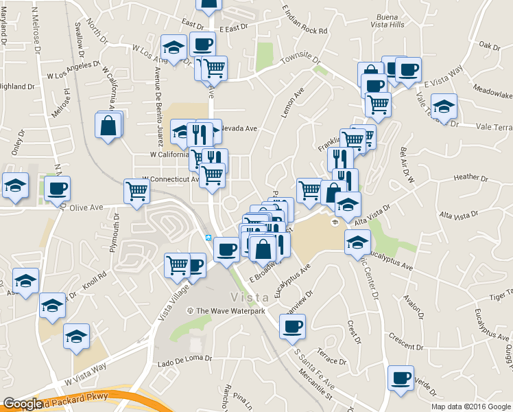 map of restaurants, bars, coffee shops, grocery stores, and more near 333 North Citrus Avenue in Vista