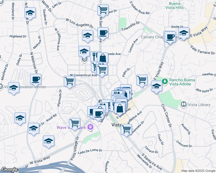 map of restaurants, bars, coffee shops, grocery stores, and more near 415 North Santa Fe Avenue in Vista