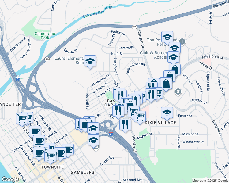 map of restaurants, bars, coffee shops, grocery stores, and more near 1521 Lemon Street in Oceanside