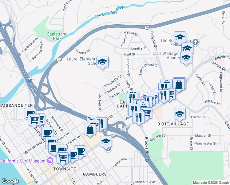 map of restaurants, bars, coffee shops, grocery stores, and more near 1439 Dubuque Street in Oceanside