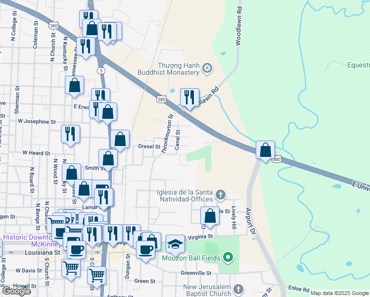map of restaurants, bars, coffee shops, grocery stores, and more near 908 Canal Street in McKinney